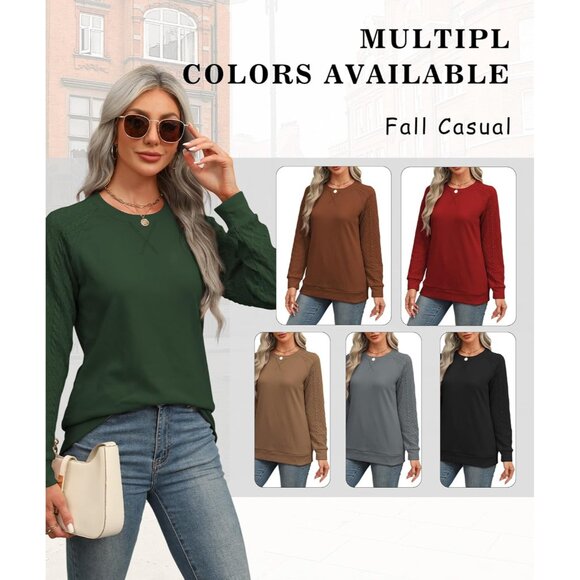 Women’s Crewneck Sweater Cable Knit Long Sleeve Lightweight Fall Pullover - Picture 5 of 6